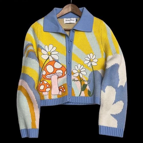 House of Sunny Cardigan Mushroom Daisy Flower Rainbow Sunshine Long Sleeve Sz 10 - Picture 9 of 11